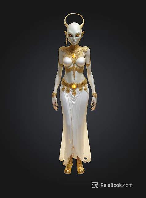 Elegant Female Character In White Gown With Intricate Golden Ornaments Design 3d model 