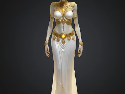 Elegant Female Character In White Gown With Intricate Golden Ornaments Design 3d model