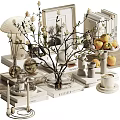 Decorative Ornament Set With Glass Vase White Flowers Stacked Books And Apples