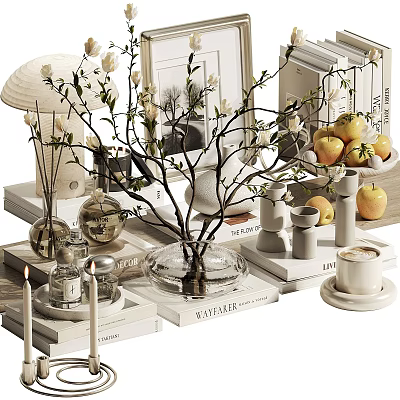 Decorative Ornament Set With Glass Vase White Flowers Stacked Books And Apples 3d model