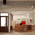 Industrial Interior Space With Wood Wall Plants Curved Table And Shelves