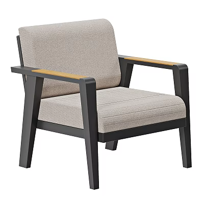 Modern Single Chair With Light Gray Fabric Cushion And Wooden Armrests 3d model