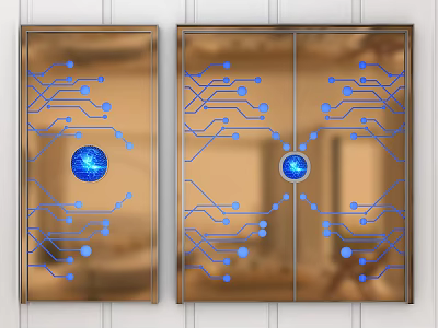 Modern Blue Circuit Board Patterned Glass Doors With Golden Frames 3d model