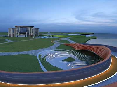 Modern Sales Office Building With Lush Green Lawn Curved Pathways And Seaside View 3d model