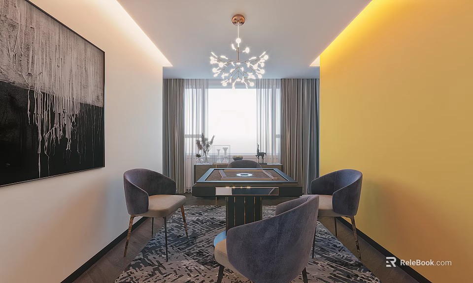 Hotel Mahjong Room Interior With Chandelier Gray Chairs Yellow Walls Curtains And Wall Art 3d model 