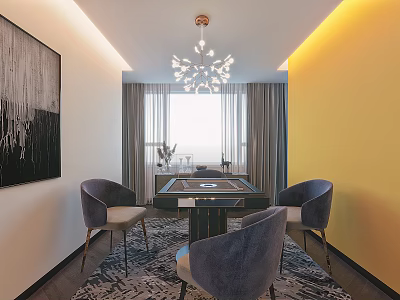 Hotel Mahjong Room Interior With Chandelier Gray Chairs Yellow Walls Curtains And Wall Art 3d model