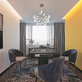 Hotel Mahjong Room Interior With Chandelier Gray Chairs Yellow Walls Curtains And Wall Art