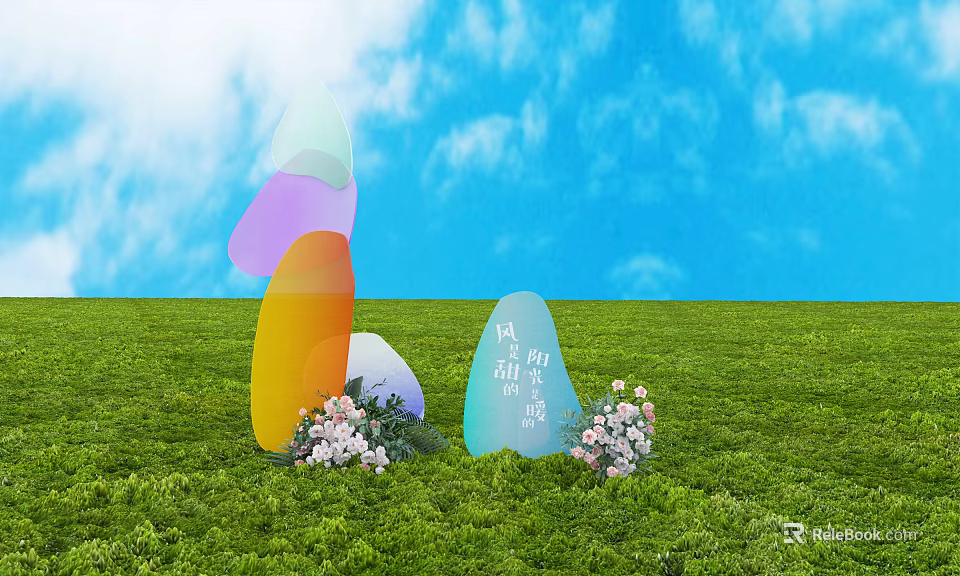 Colorful Easter Decorations On Green Grass With Blue Sky And White Flowers 3d model 