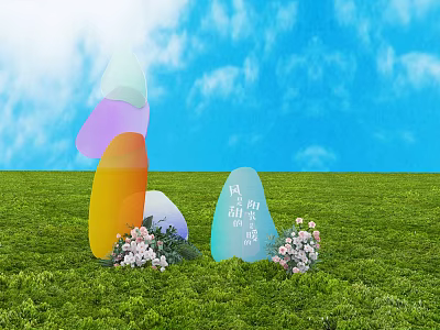 Colorful Easter Decorations On Green Grass With Blue Sky And White Flowers 3d model