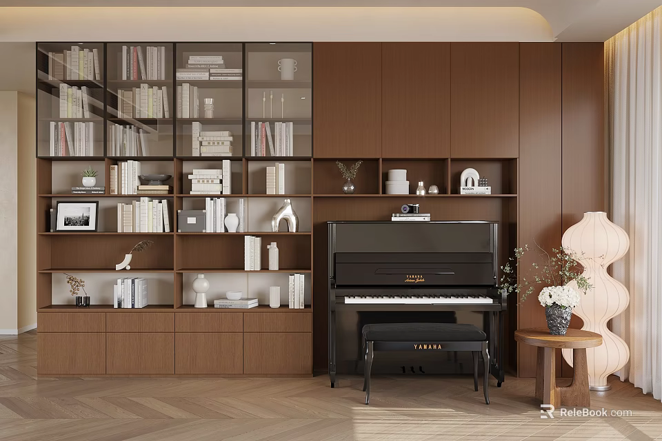 Modern Wooden Bookshelf Interior With Books Decorations Piano And Herringbone Floor 3d model 