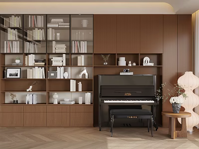 Modern Wooden Bookshelf Interior With Books Decorations Piano And Herringbone Floor 3d model