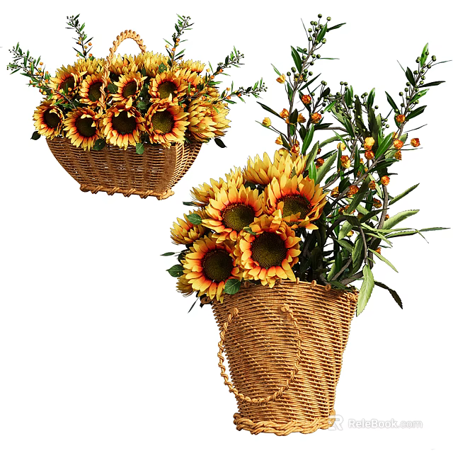 Vibrant Sunflowers in Handwoven Wicker Baskets with Fresh Greenery and Olive Sprigs 3d model 