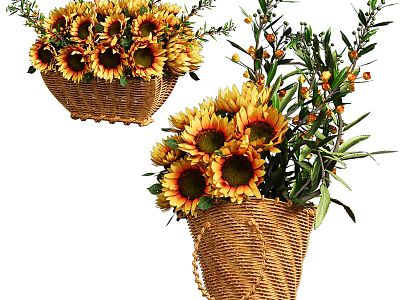 Vibrant Sunflowers in Handwoven Wicker Baskets with Fresh Greenery and Olive Sprigs 3d model