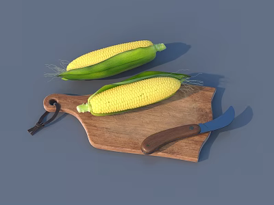 Ripe Yellow Corn Ears on Wooden Cutting Board with Sharp Kitchen Knife 3d model