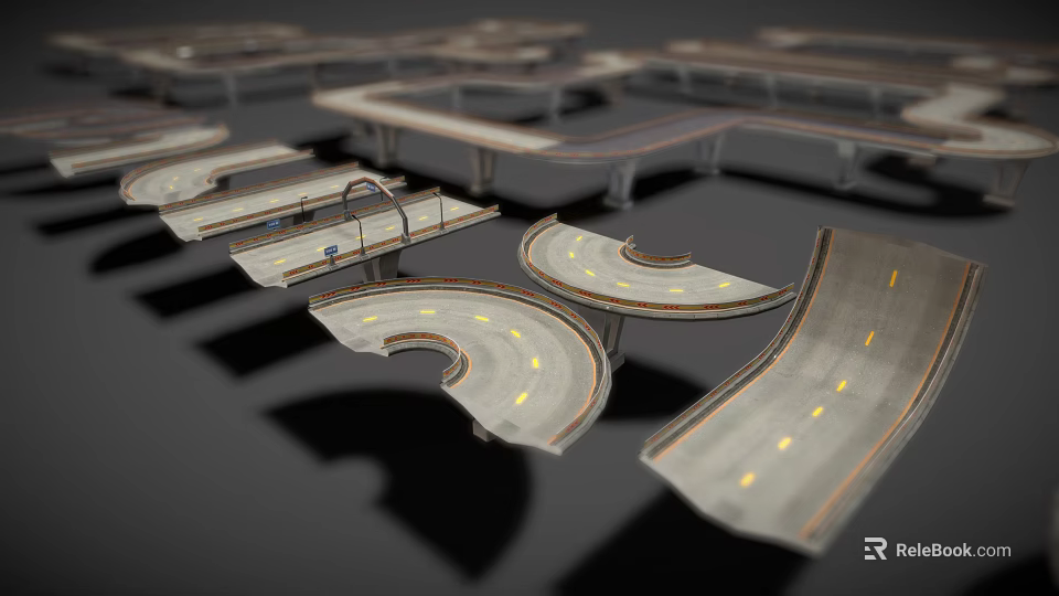 Realistic Road Scene Components With Curved Straight Roads And Lane Markings 3d model 