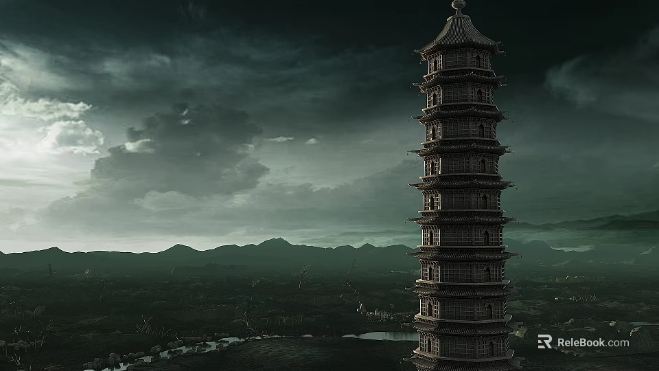Ancient Stone Pagoda Towering Over Mountain Landscape With Dark Clouds And Lake 3d model 