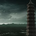 Ancient Stone Pagoda Towering Over Mountain Landscape With Dark Clouds And Lake