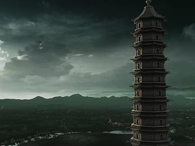 Ancient Stone Pagoda Towering Over Mountain Landscape With Dark Clouds And Lake 3d model