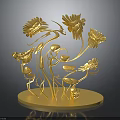 Ornate Golden Plant Sculpture With Flowers Birds Stems And Circular Base