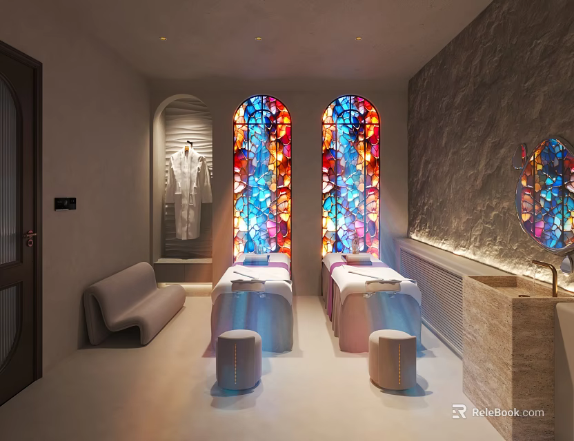 Luxurious SPA Sauna Room With Stained Glass Windows Massage Tables And Stone Wall 3d model 