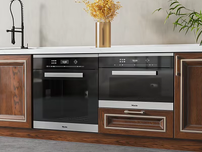 Built in Haier Kitchen Appliances With Wooden Cabinets And White Countertop 3d model