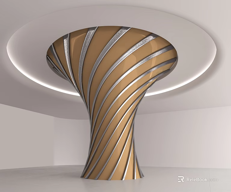 Modern Interior Spiral Column With Golden Silver Patterns And Circular Ambient Lighting 3d model 