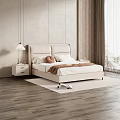 Double Bed With Beige Leather Headboard White Bed Sheets Side Table Lamp And Wooden Floor