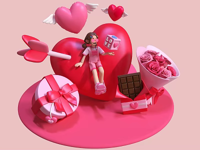 Romantic Valentine Photo Spot With Large Heart Wings Rose Bouquet Gift Box And Chocolate 3d model