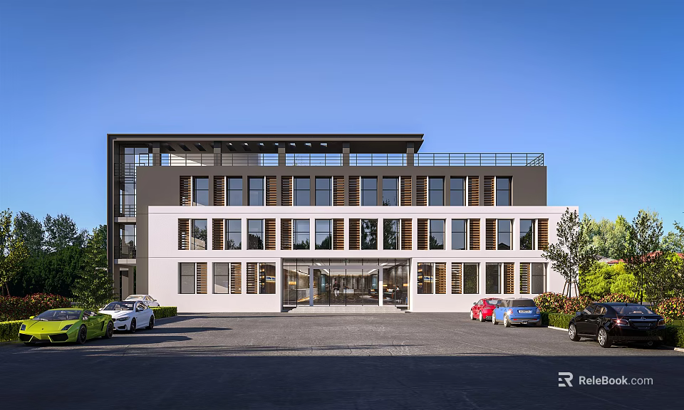 Modern Office Building With White And Dark Exterior Large Windows Spacious Parking Lot And Greenery 3d model 