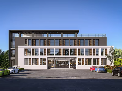 Modern Office Building With White And Dark Exterior Large Windows Spacious Parking Lot And Greenery 3d model