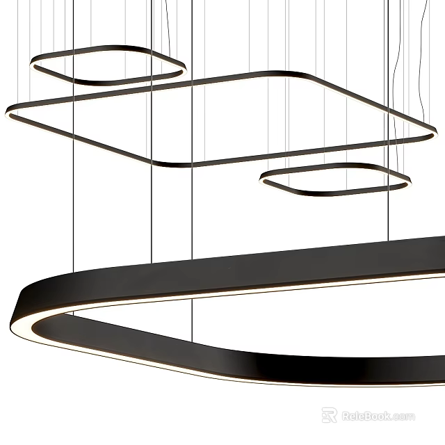 Modern Chandelier with Black Circular and Square Frames Sleek Lines and Illuminated Lighting Design 3d model 