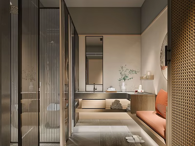 Modern Hotel Bathroom Interior Design With Glass Shower Gray Walls Wooden Vanity And Round Mirror 3d model