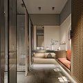 Modern Hotel Bathroom Interior Design With Glass Shower Gray Walls Wooden Vanity And Round Mirror