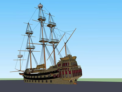 Classic Wooden Sailing Ship With Multiple Masts And Detailed Structure Against Blue Sky 3d model