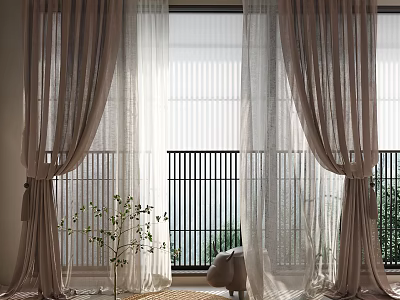 Double Layer Modern Beige Curtains Sheer and Linen for Window Warm Natural Light 3d model