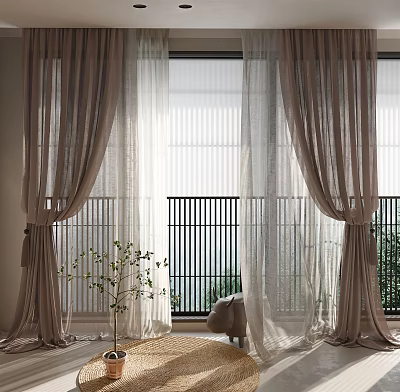 Double Layer Modern Beige Curtains Sheer and Linen for Window Warm Natural Light 3d model