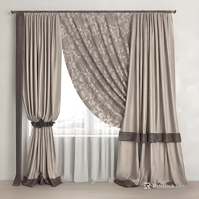 Elegant Beige Window Curtains With Lace Valance Sheer Lining And Tiebacks 3d model 