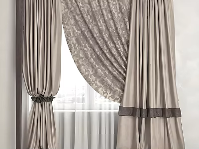 Elegant Beige Window Curtains With Lace Valance Sheer Lining And Tiebacks 3d model