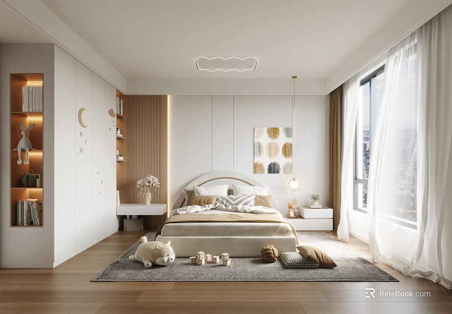 Kids Room Interior Design With White Bed Bookshelf Moon Decor Toy Rug And Curtains 3d model 