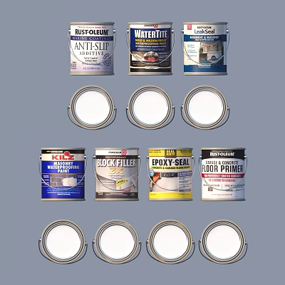 Different Types Of Paint Cans With White Lids For Household Supplies And Decoration 3d model