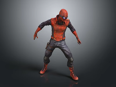 Detailed 3D Character Design With Red Helmet Vest Knee Pads Gray Pants And Red Boots 3d model