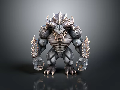 Muscular Monster Creature With Horned Head Fierce Facial Features Clawed Limbs And Spiked Fur Details 3d model