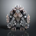 Muscular Monster Creature With Horned Head Fierce Facial Features Clawed Limbs And Spiked Fur Details