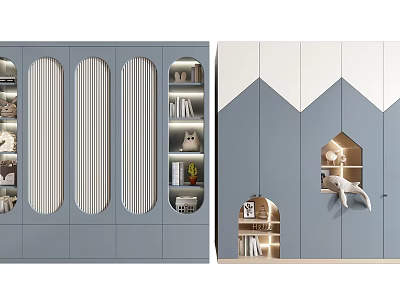 Modern Gray Wardrobe Design With Curved Doors Striped Panels And Built in Lighting 3d model