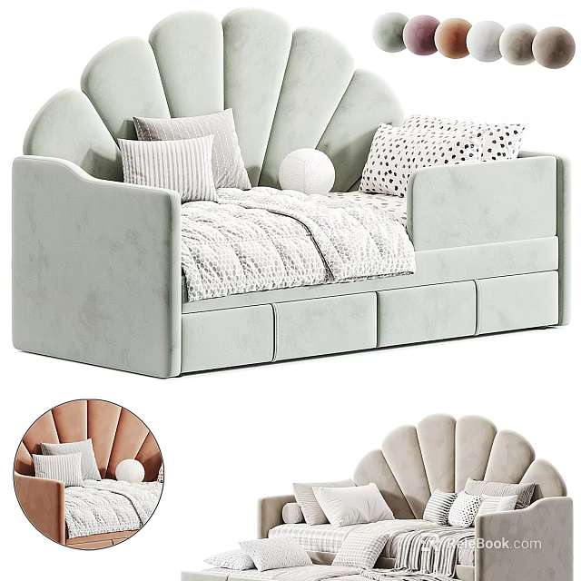 Modern Scalloped Back Sofa Bed In Light Green With Pillows And Storage Drawers 3d model 