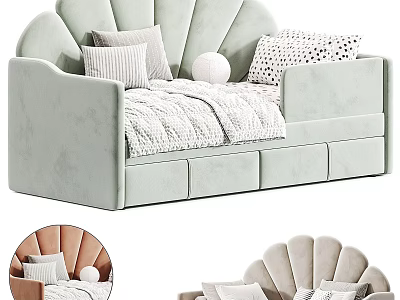 Modern Scalloped Back Sofa Bed In Light Green With Pillows And Storage Drawers 3d model