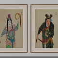Two Framed Traditional Theatrical Character Paintings with Ornate Costumes on Wall