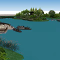 Waterfront Garden Landscape with Wooden Deck Pavilion Moored Boats Green Trees and People Walking