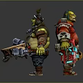Orc Warrior Character With Muscular Build Wearing Helmet Armor Holding Drum Red Symbol And Weapons
