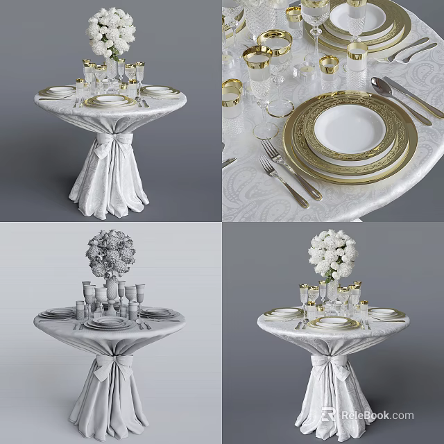 Elegant Dinnerware Set with Gold Rimmed Plates Glassware and Floral Decor on White Tablecloth 3d model 